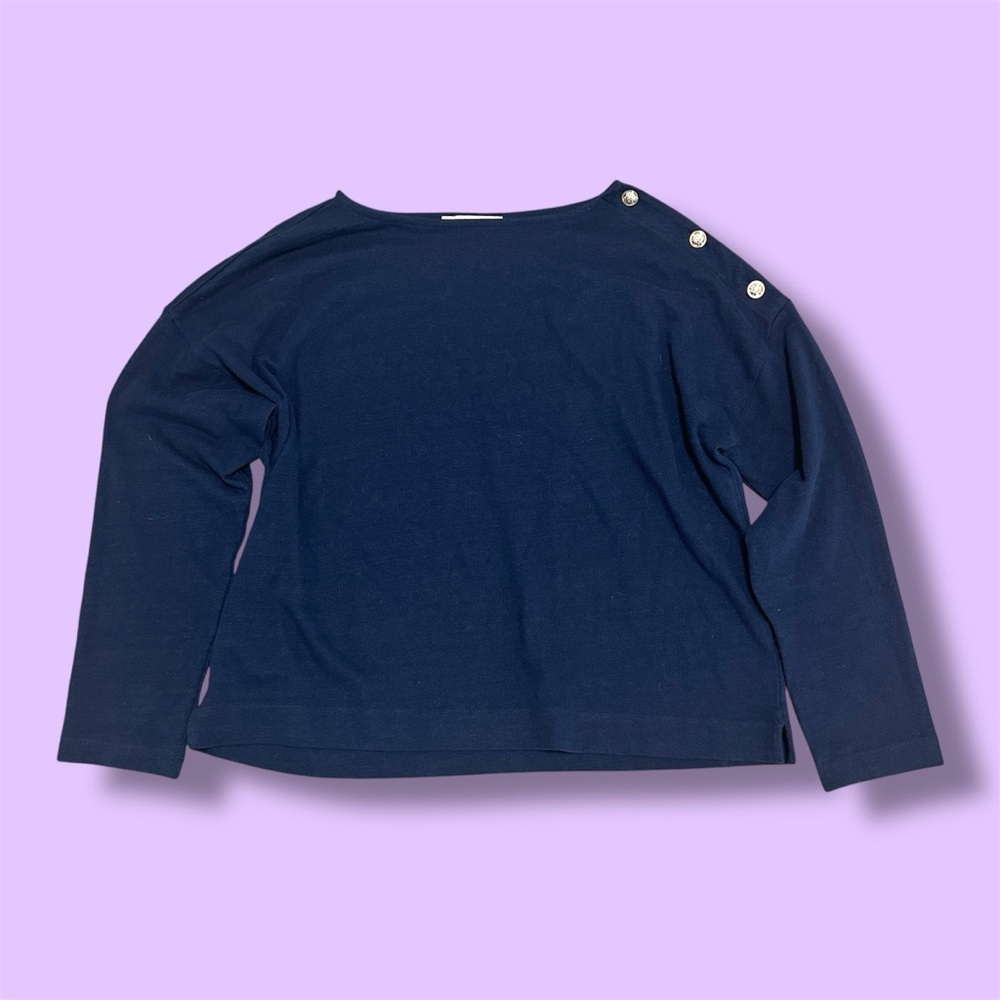 LOFT Navy Long Sleeve Top with Gold Shoulder Buttons